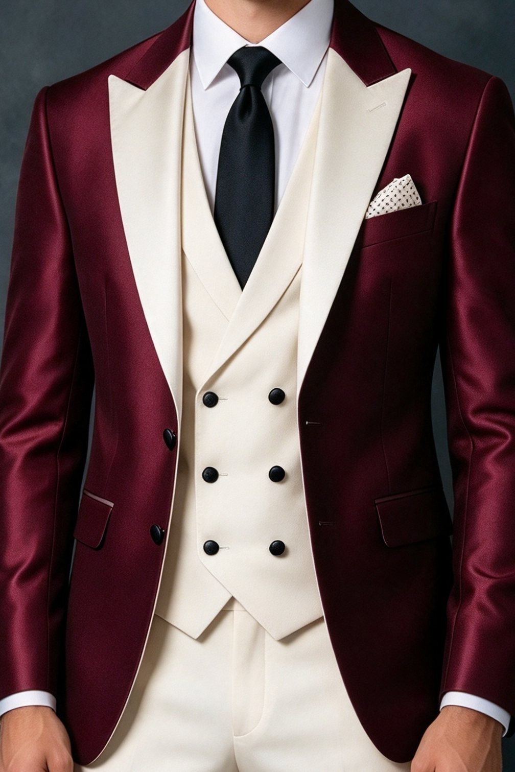 Burgundy & Ivory Satin Double Breasted Vest Boys 3 Piece Suit