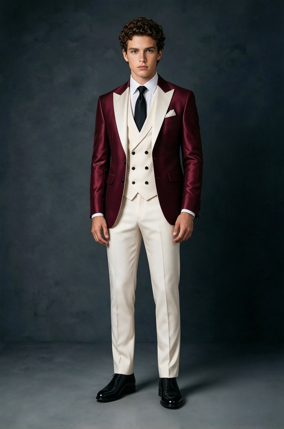 Burgundy & Ivory Satin Double Breasted Vest Boys 3 Piece Suit