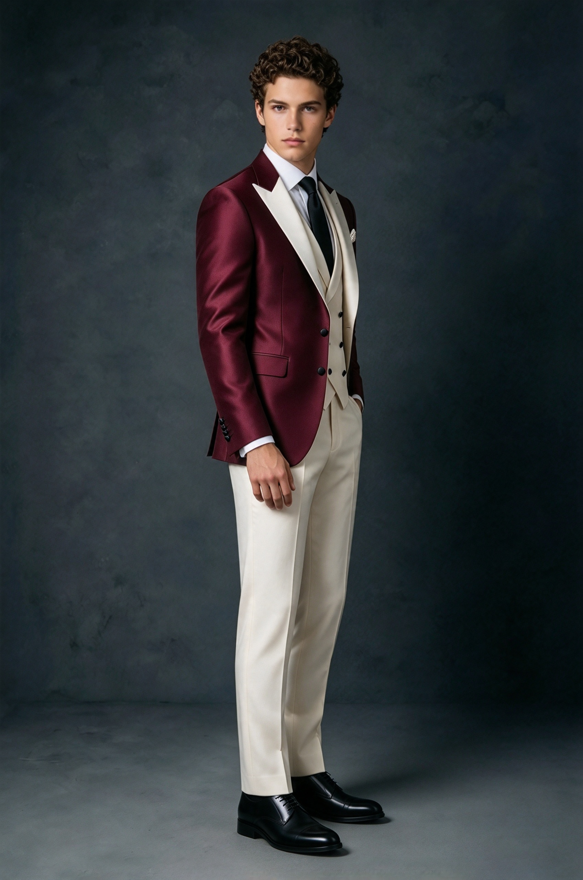 Burgundy & Ivory Satin Double Breasted Vest Boys 3 Piece Suit