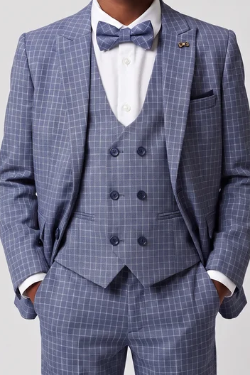 Blue & Grey Plaid Double Breasted Vest Boys 3 Piece Suit