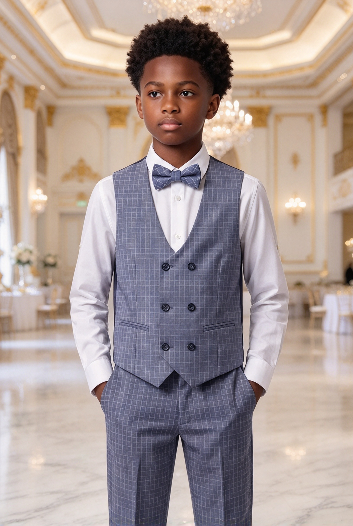 Blue & Grey Plaid Double Breasted Vest Boys 3 Piece Suit