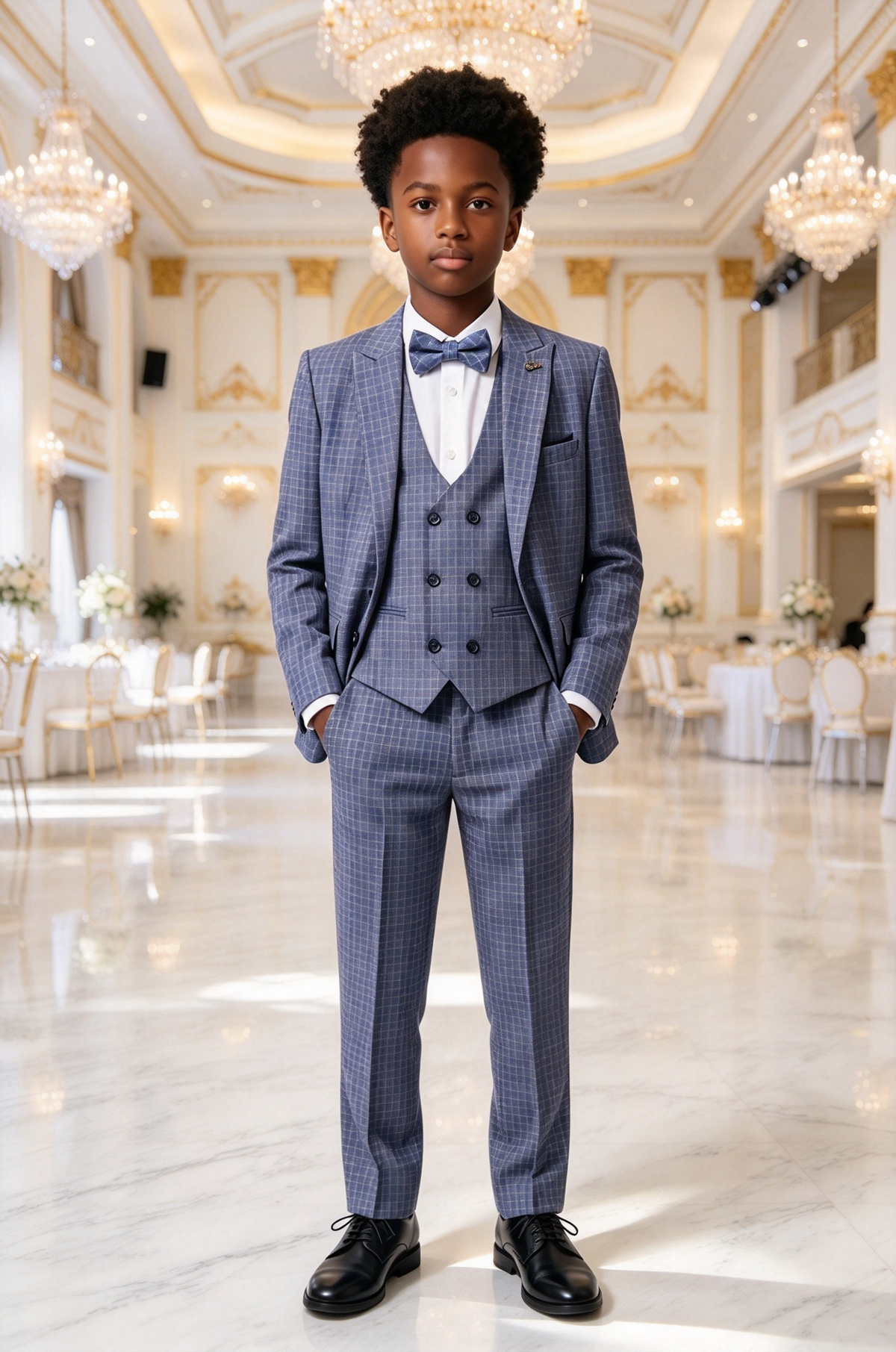 Blue & Grey Plaid Double Breasted Vest Boys 3 Piece Suit