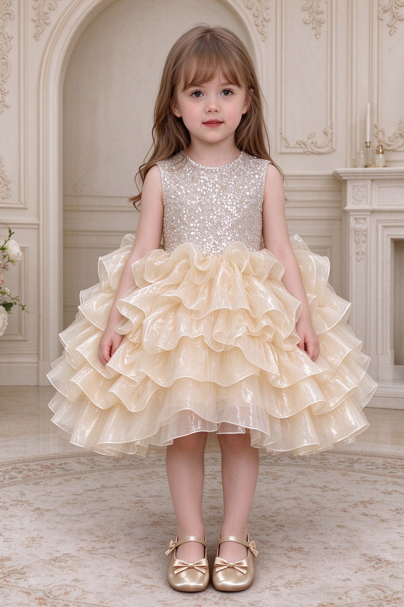 Champagne-colored Sequined Tulle Flower Girl Dress