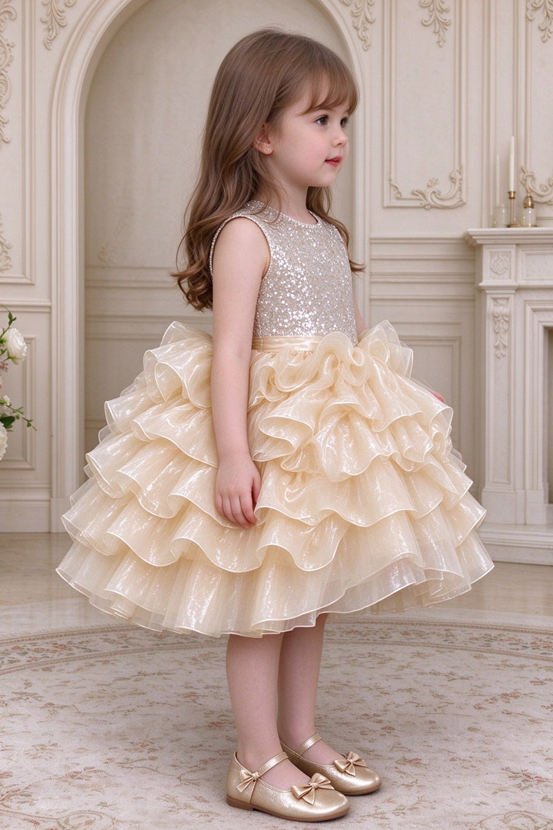 Champagne-colored Sequined Tulle Flower Girl Dress