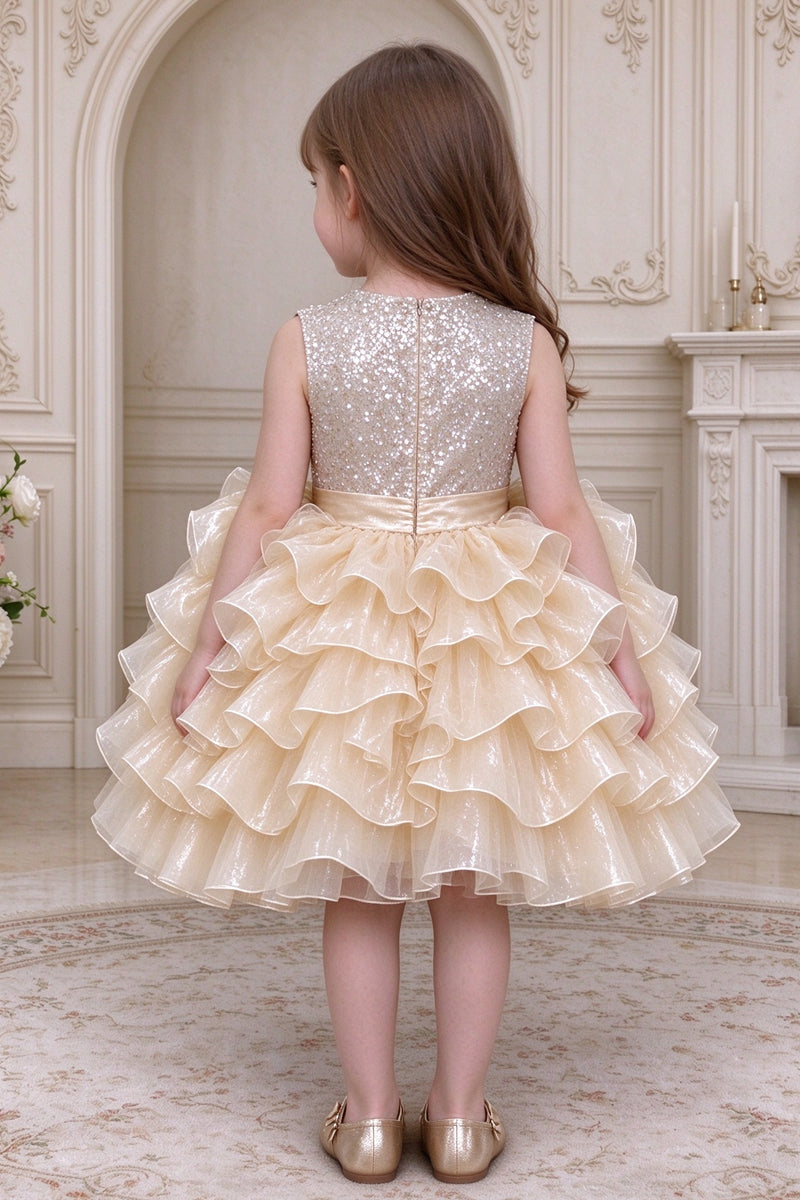 Champagne-colored Sequined Tulle Flower Girl Dress