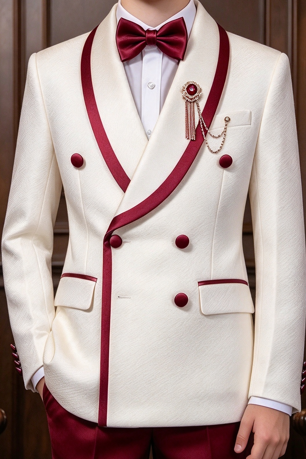 Cream White & Burgundy Trim Double Breasted Tuxedo 2 Piece Suit Set
