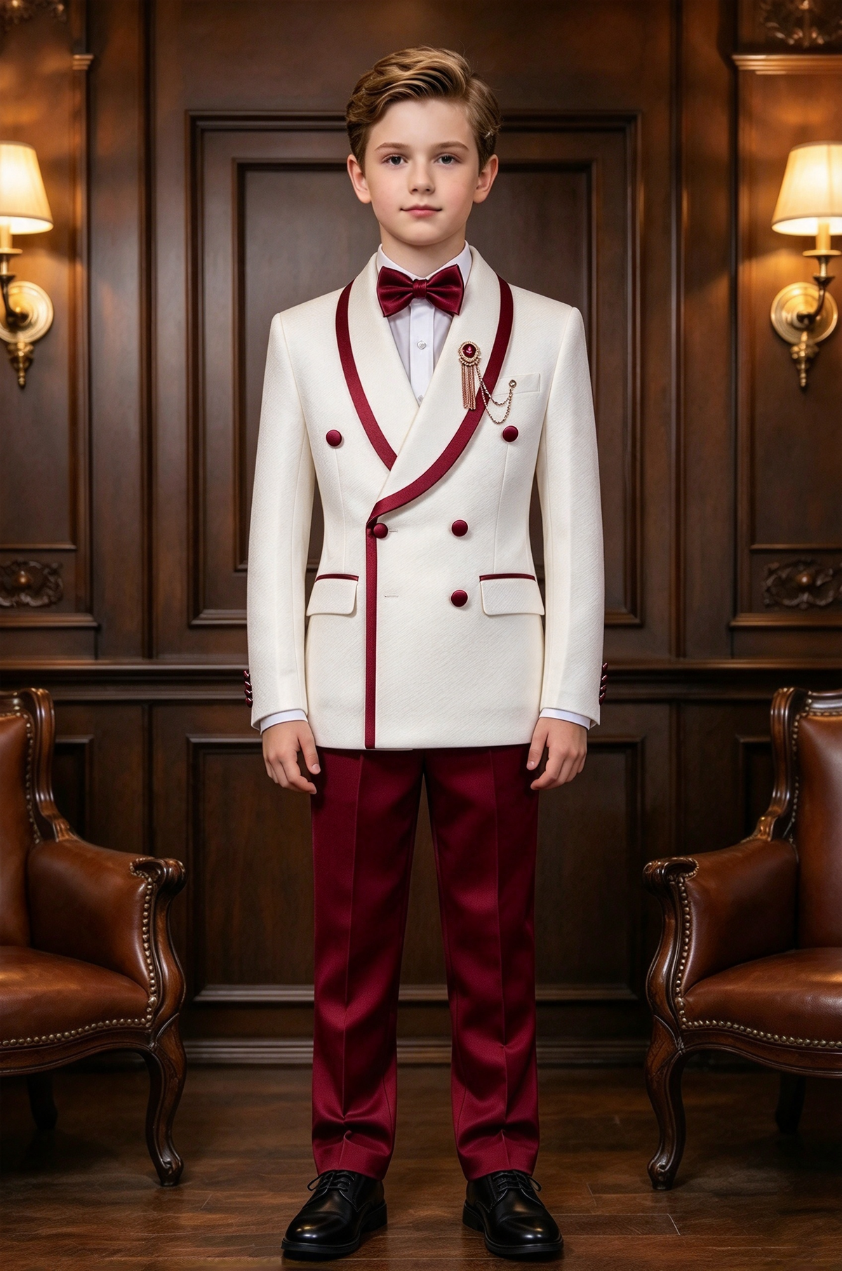 Cream White & Burgundy Trim Double Breasted Tuxedo 2 Piece Suit Set