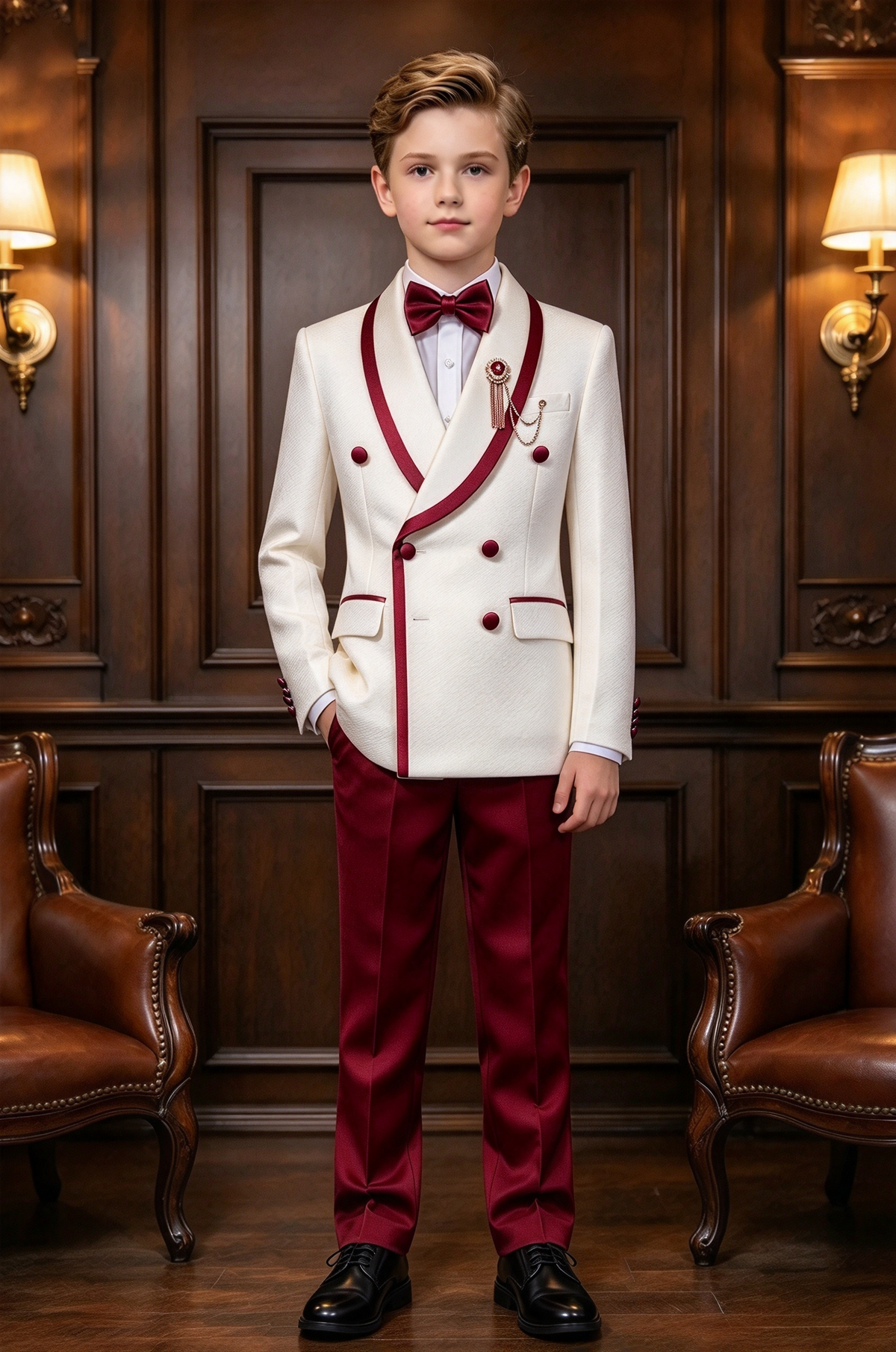 Cream White & Burgundy Trim Double Breasted Tuxedo 2 Piece Suit Set