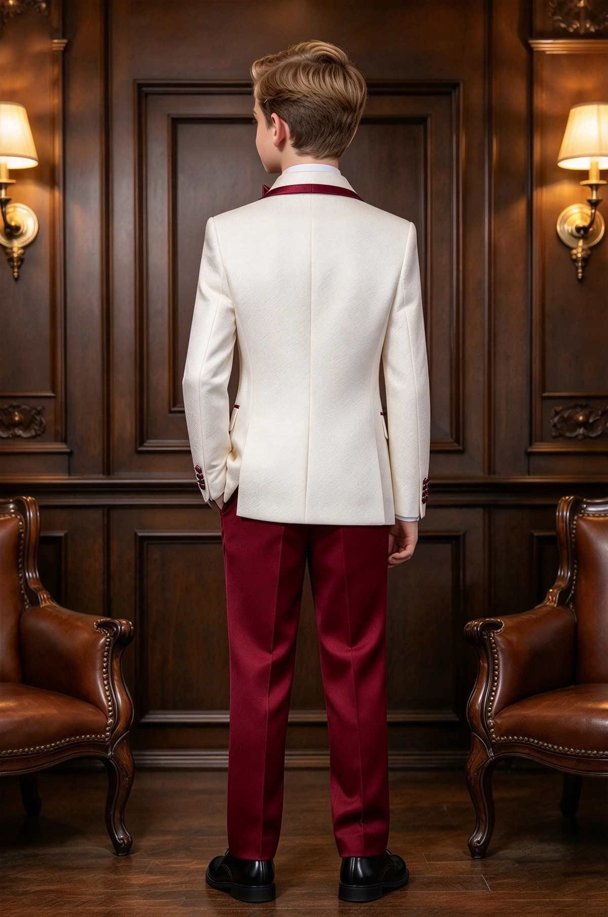 Cream White & Burgundy Trim Double Breasted Tuxedo 2 Piece Suit Set