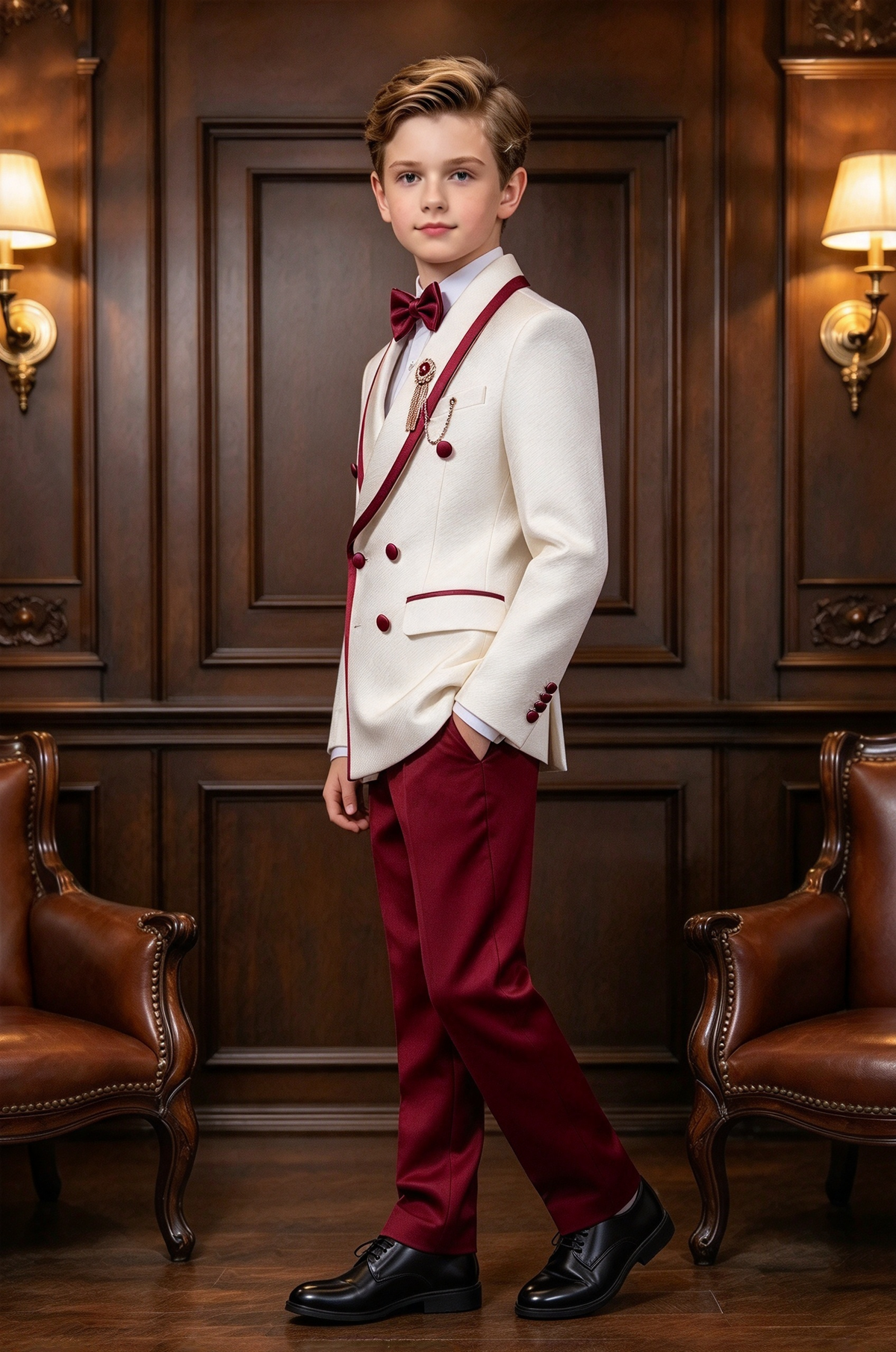 Cream White & Burgundy Trim Double Breasted Tuxedo 2 Piece Suit Set
