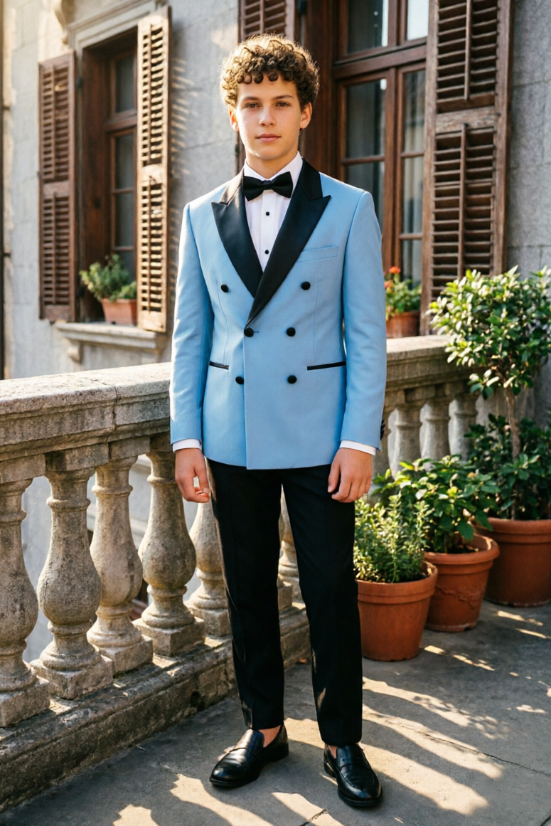 Light Blue & Black Boys Double Breasted Tuxedo 2 Piece Suit Set