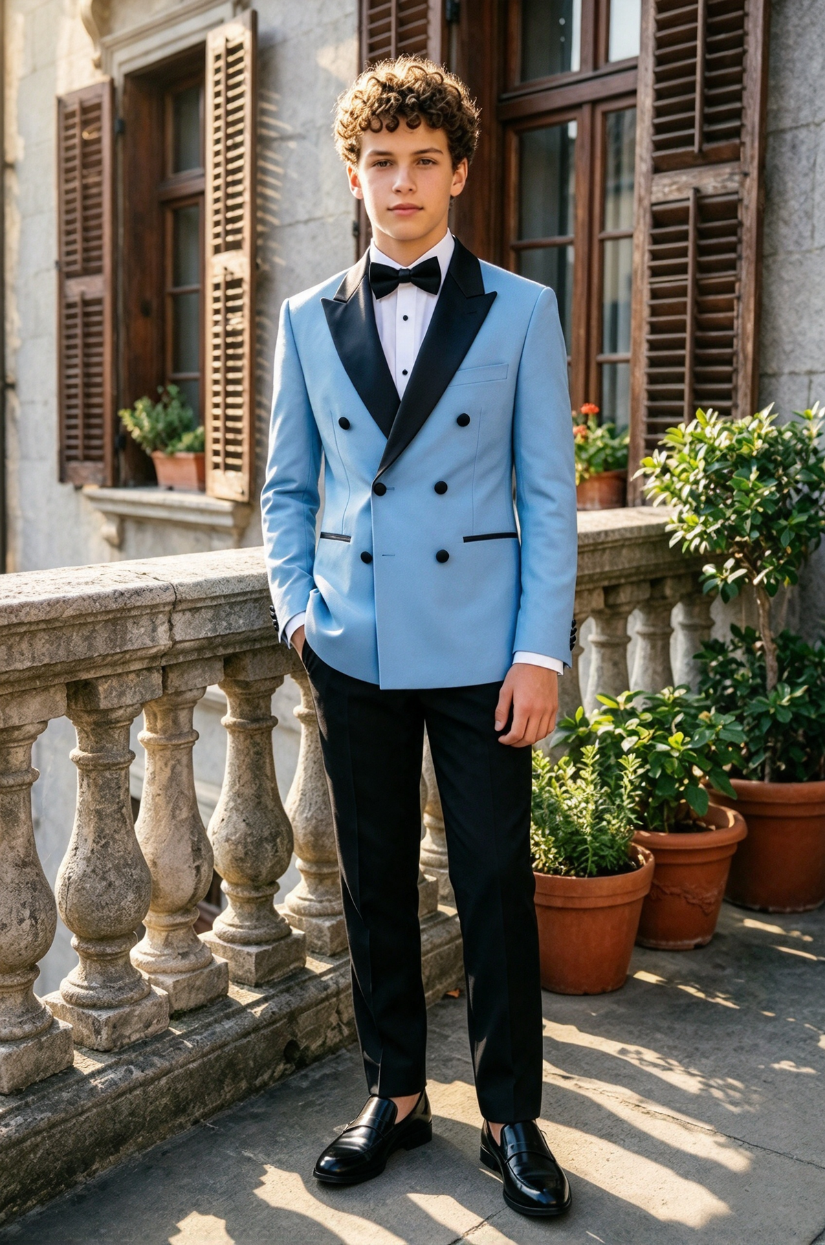 Light Blue & Black Boys Double Breasted Tuxedo 2 Piece Suit Set