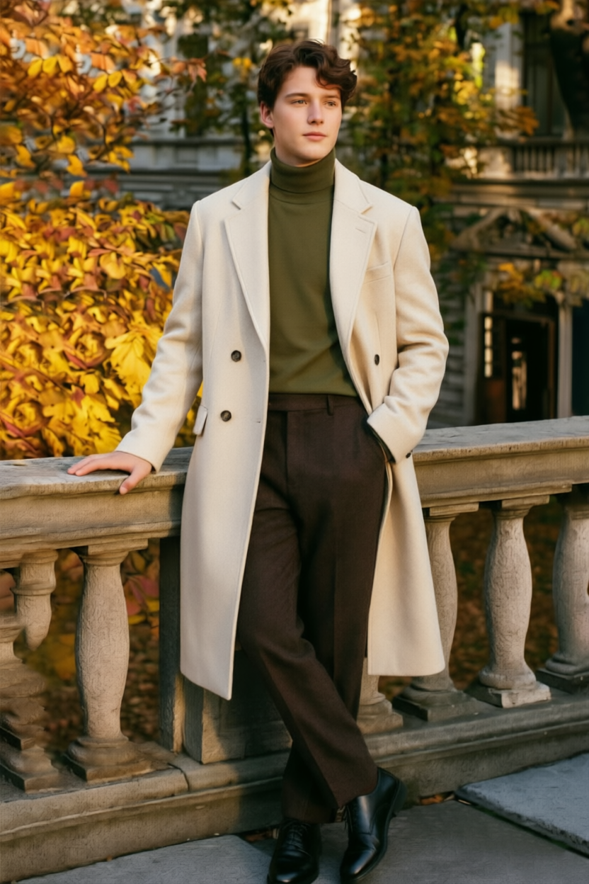 Cream White & Dark Brown Double Breasted Overcoat 2 Piece Set