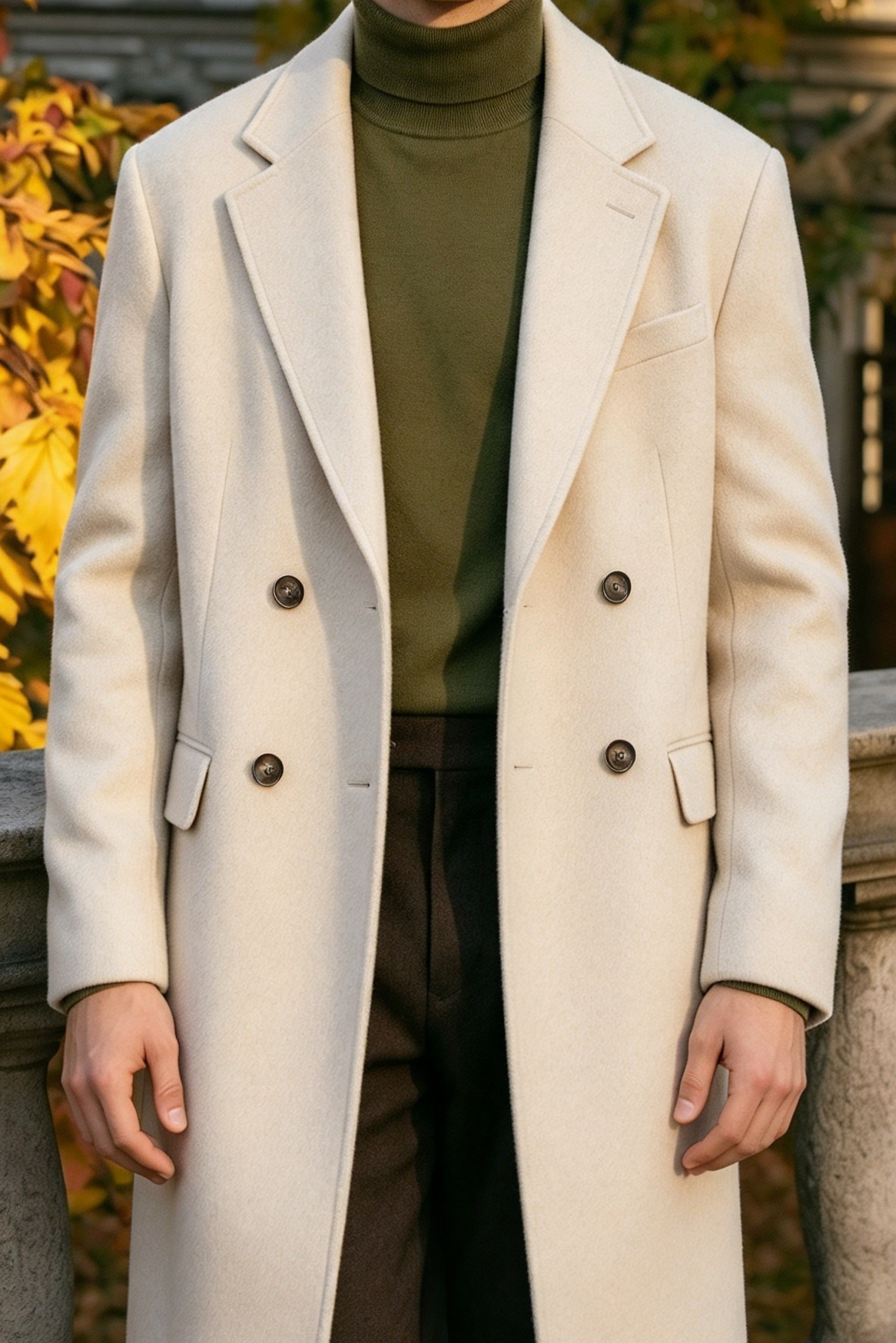 Cream White & Dark Brown Double Breasted Overcoat 2 Piece Set