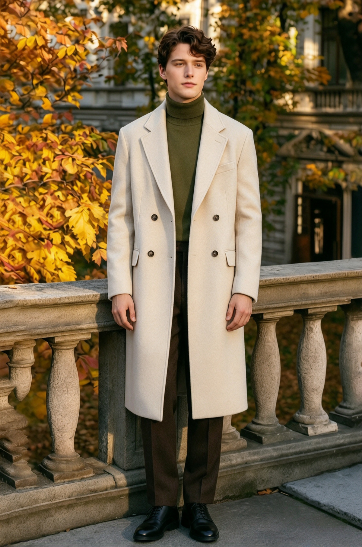 Cream White & Dark Brown Double Breasted Overcoat 2 Piece Set