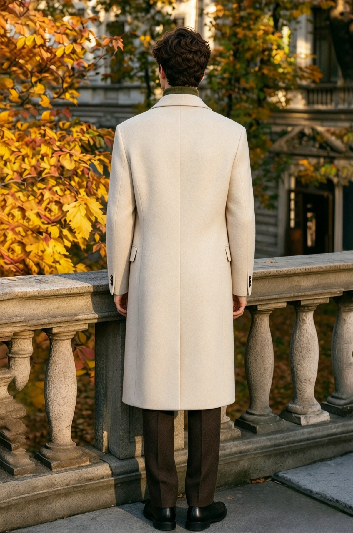 Cream White & Dark Brown Double Breasted Overcoat 2 Piece Set
