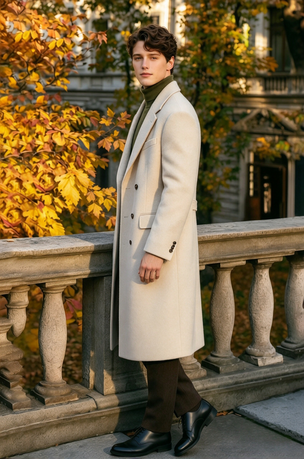 Cream White & Dark Brown Double Breasted Overcoat 2 Piece Set