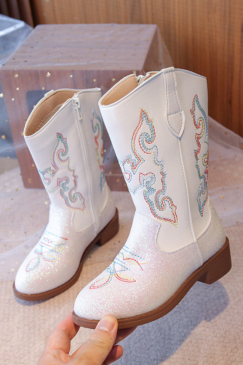 Girls White Pink Glitter Cowboy Boots