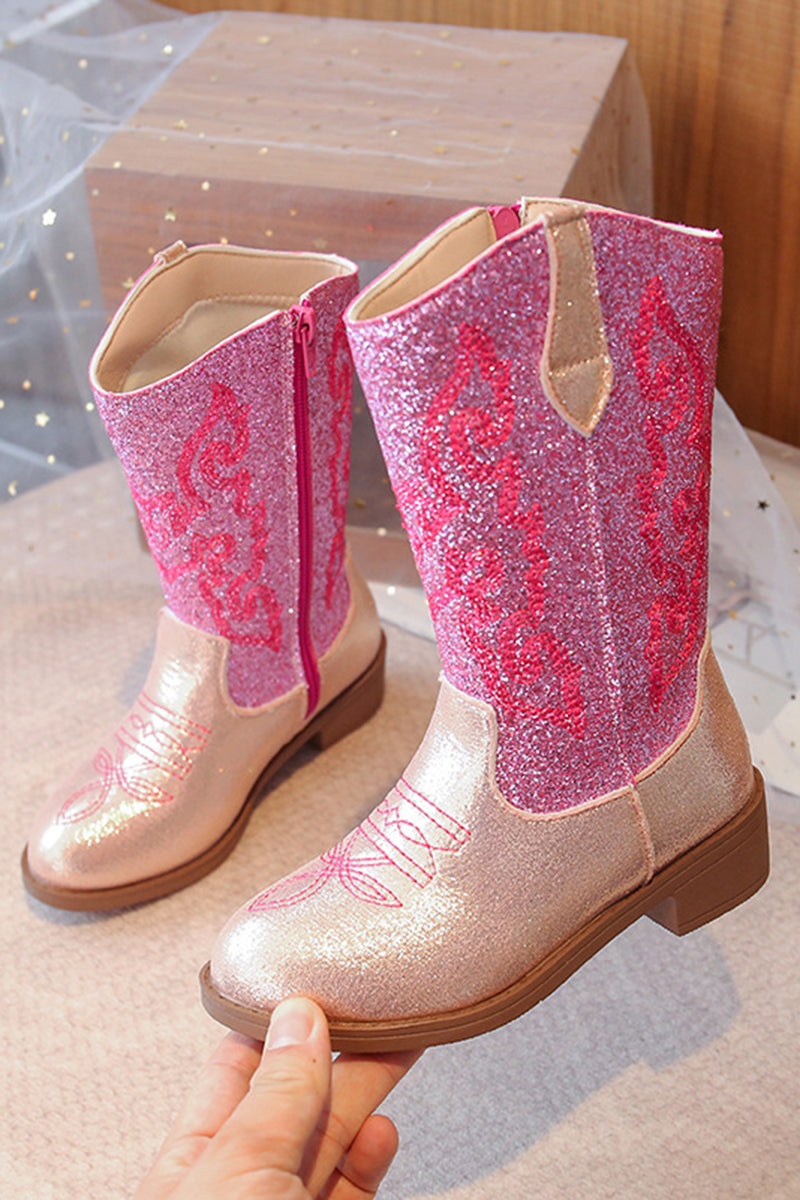 Girls White Pink Glitter Cowboy Boots