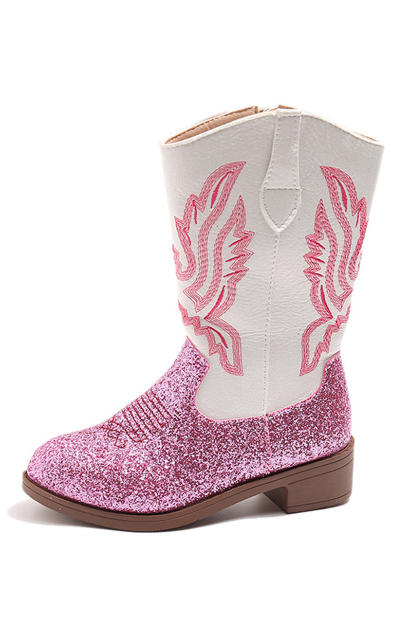 Girls White Pink Glitter Cowboy Boots
