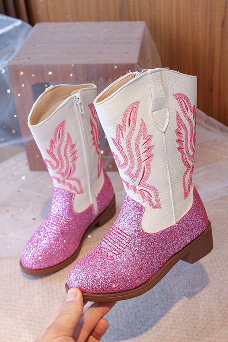 Girls White Pink Glitter Cowboy Boots