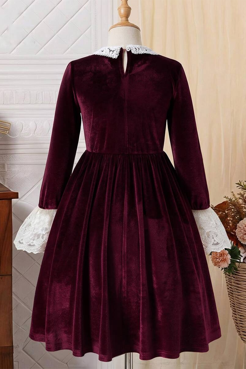 Girls Burgundy Velvet Dress with White Lace Collar