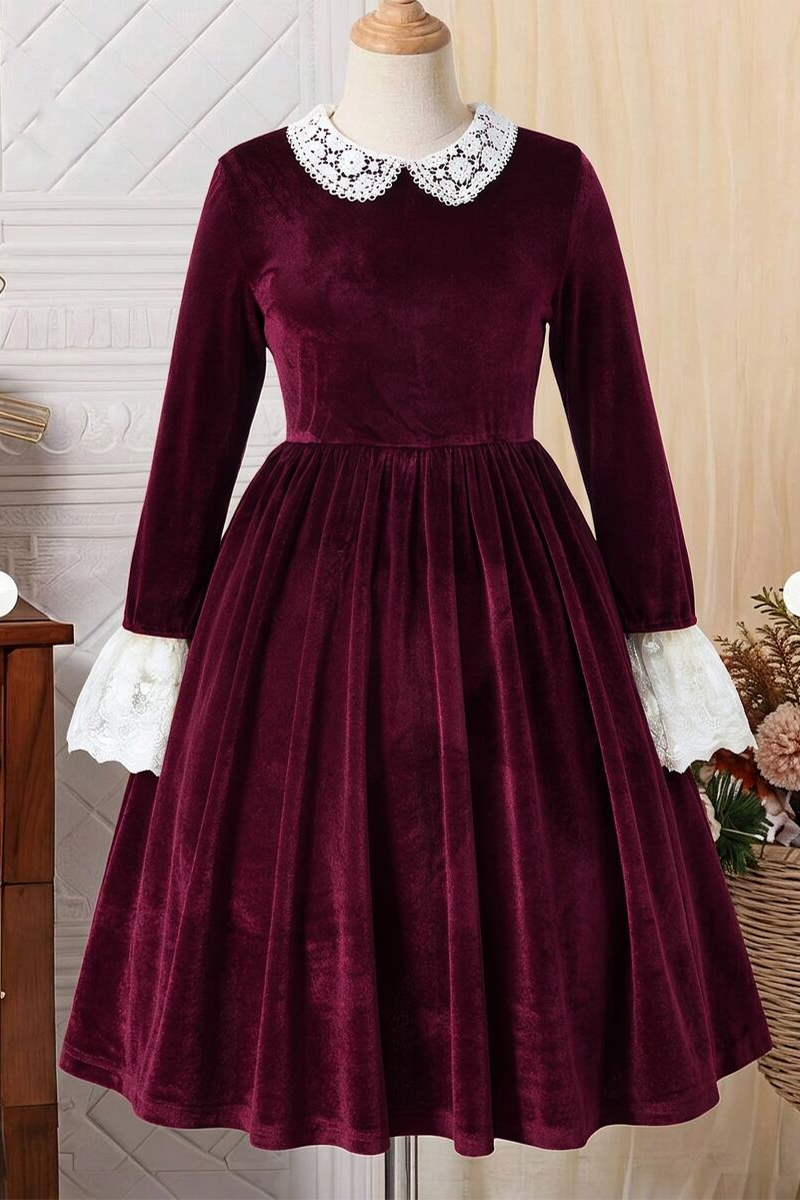 Girls Burgundy Velvet Dress with White Lace Collar