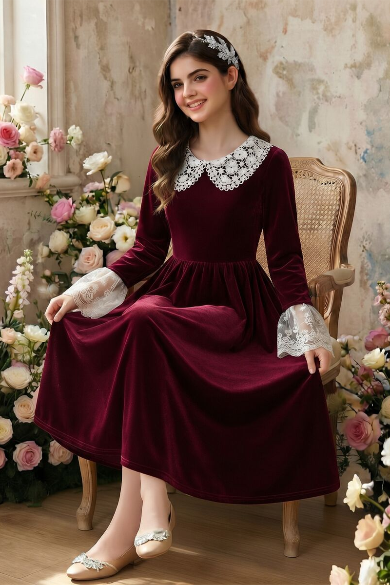 Girls Burgundy Velvet Dress with White Lace Collar