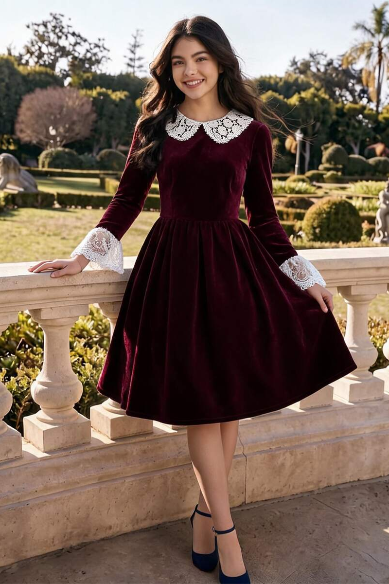 Girls Burgundy Velvet Dress with White Lace Collar