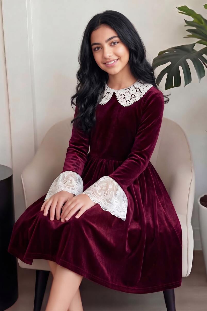 Girls Burgundy Velvet Dress with White Lace Collar