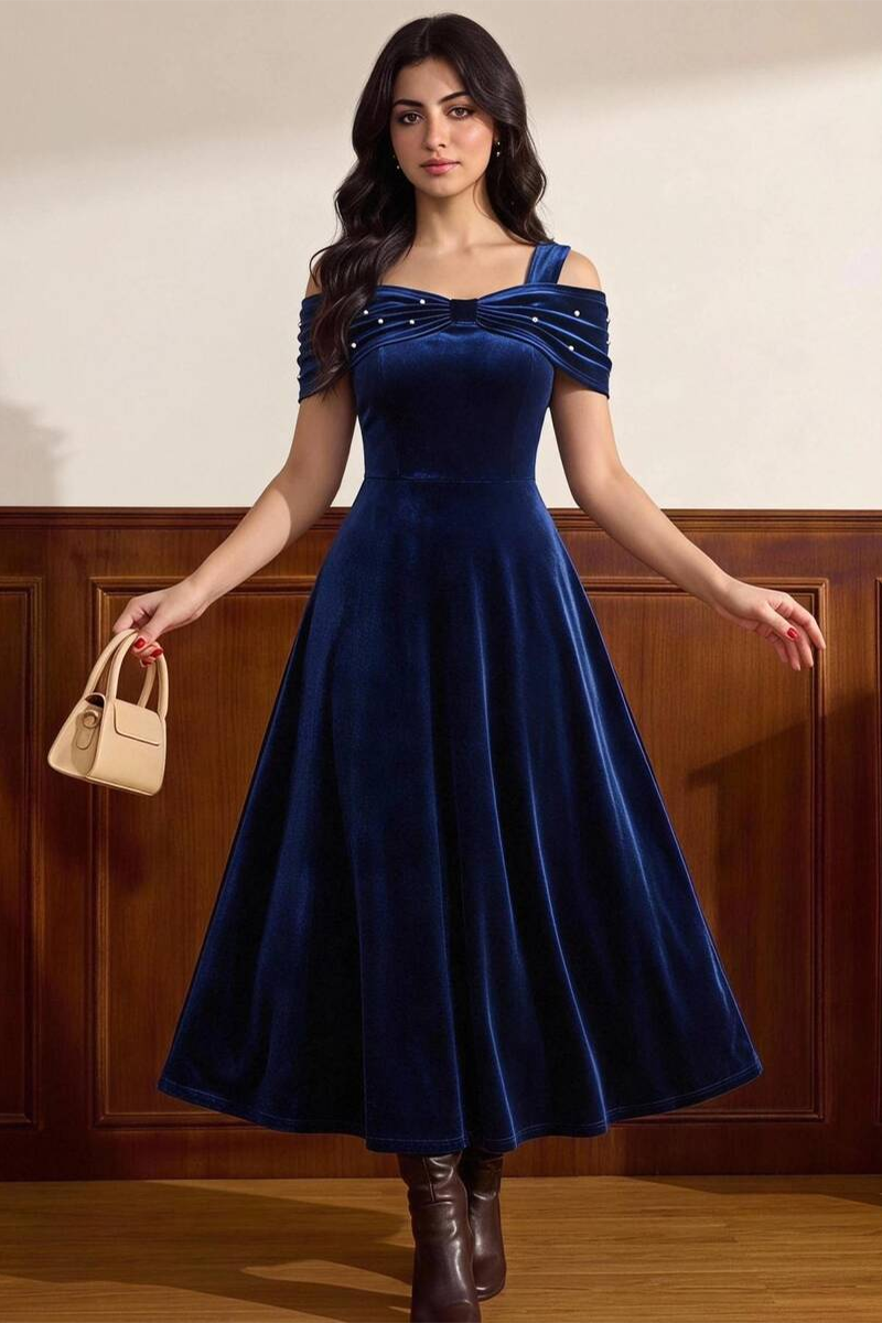Girls Navy Velvet Midi Dress