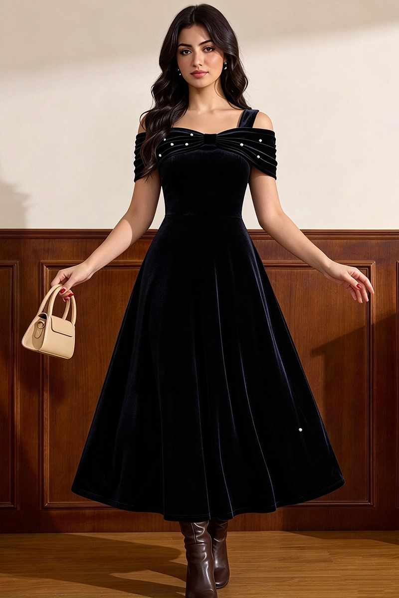 Girls Navy Velvet Midi Dress