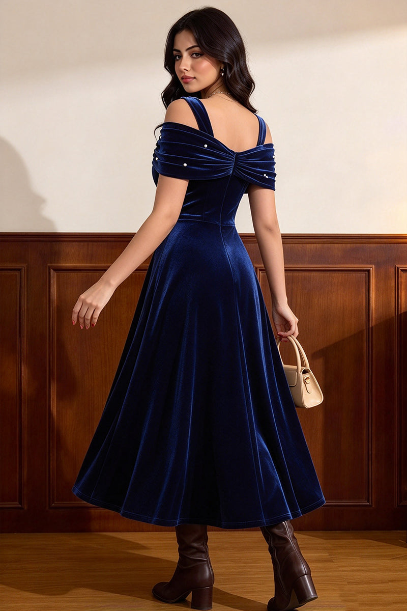 Girls Navy Velvet Midi Dress