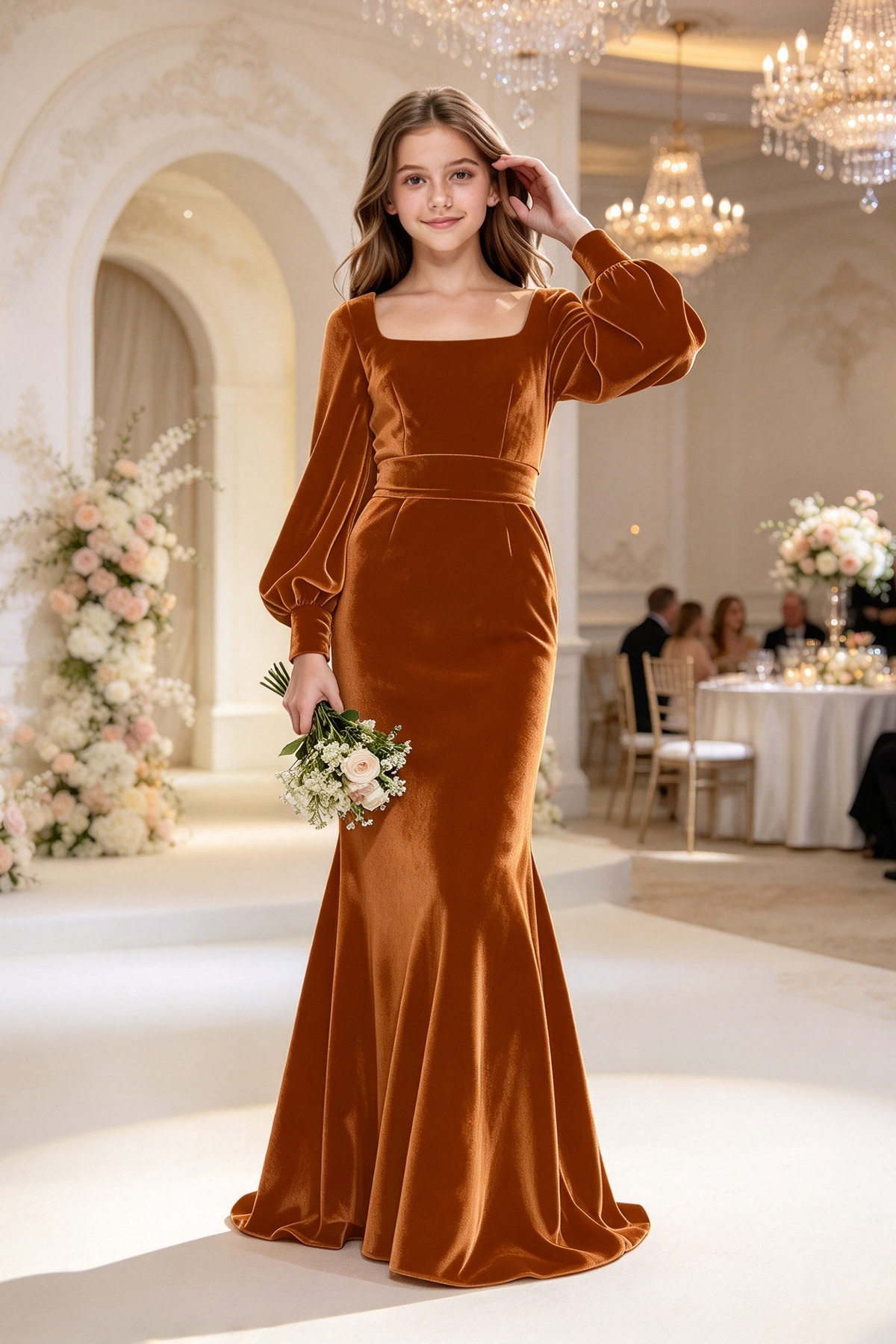 Burgundy Square Neck Velvet Girls Mermaid Formal Dress