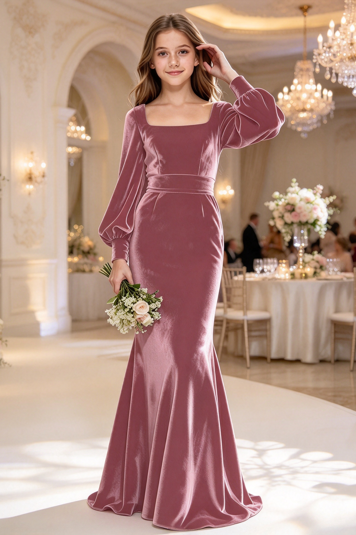 Burgundy Square Neck Velvet Girls Mermaid Formal Dress