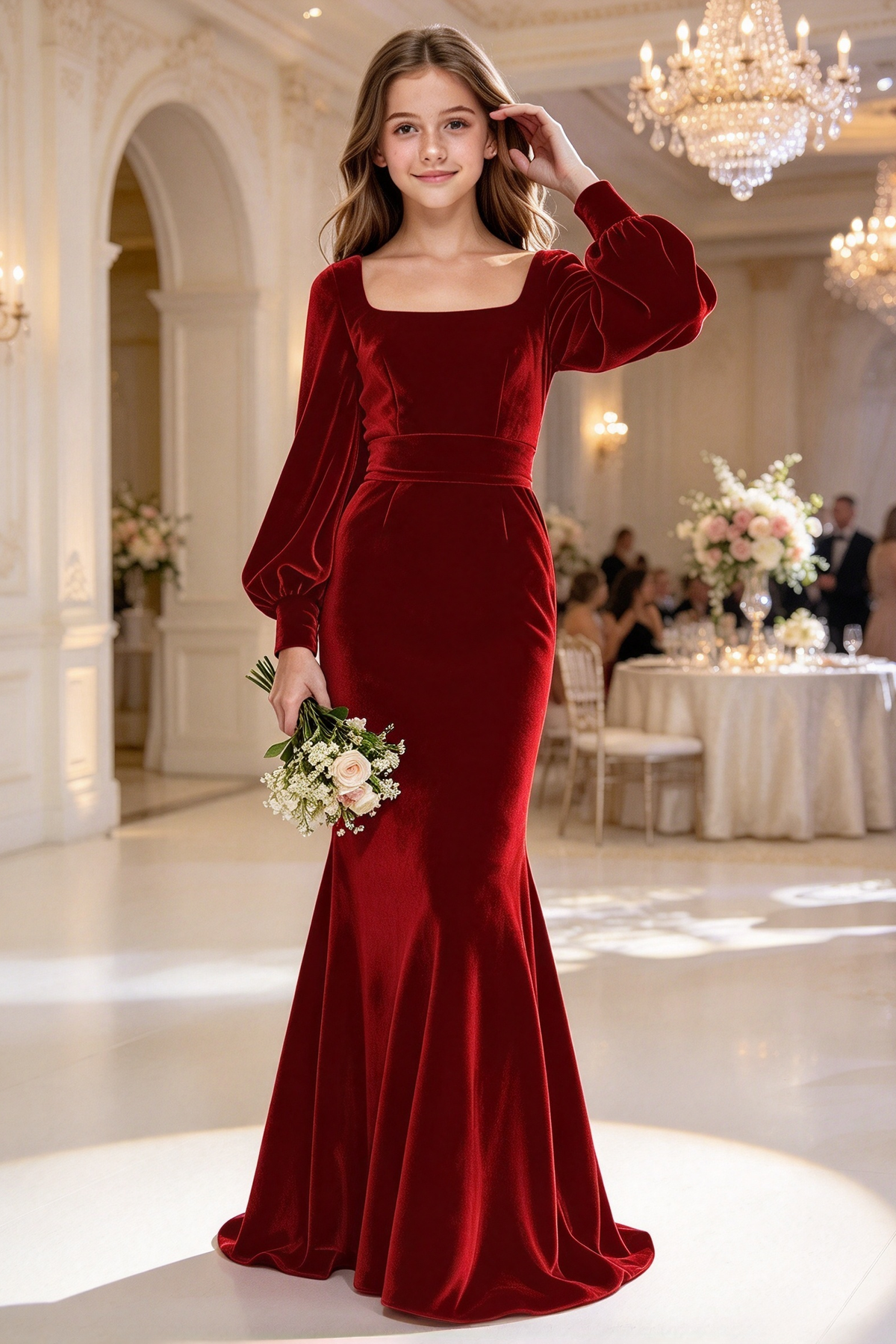Burgundy Square Neck Velvet Girls Mermaid Formal Dress