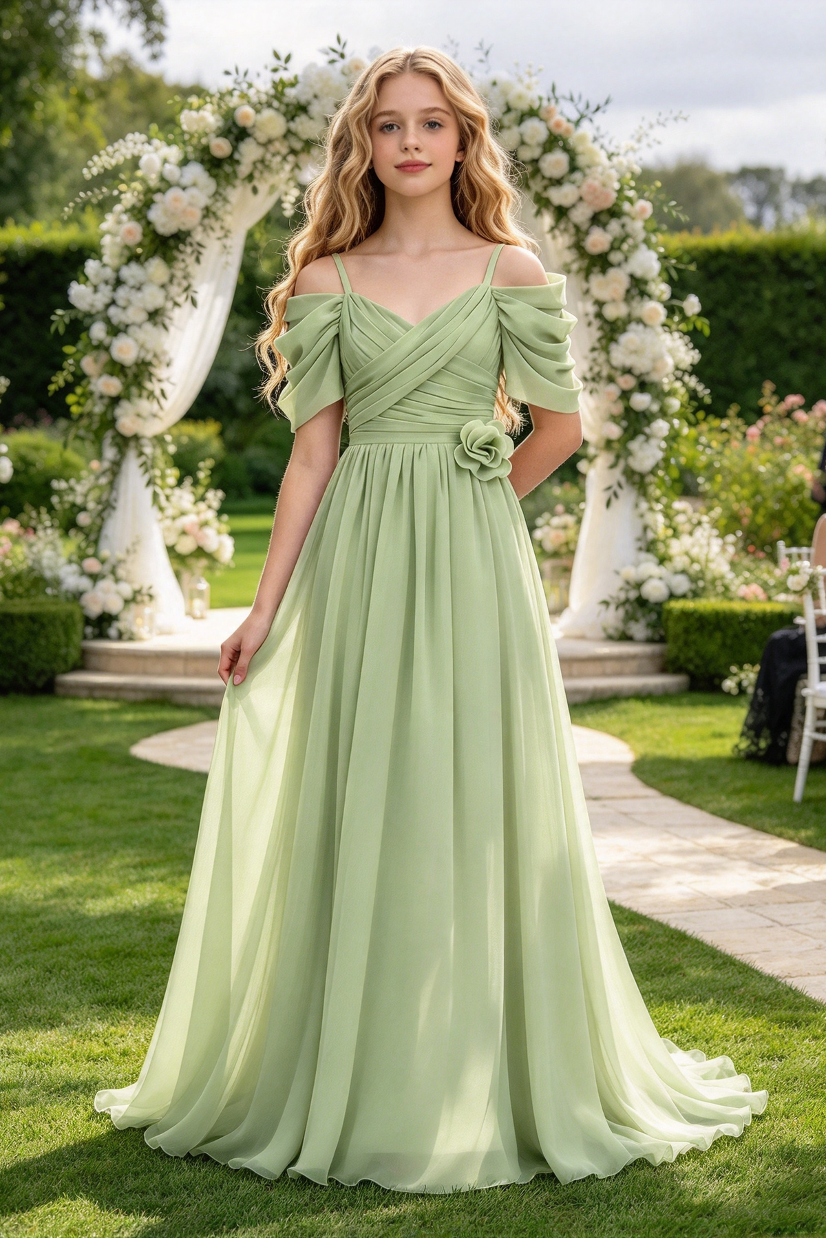 Pink Chiffon Off Shoulder 3D Floral Girls A-Line Dress