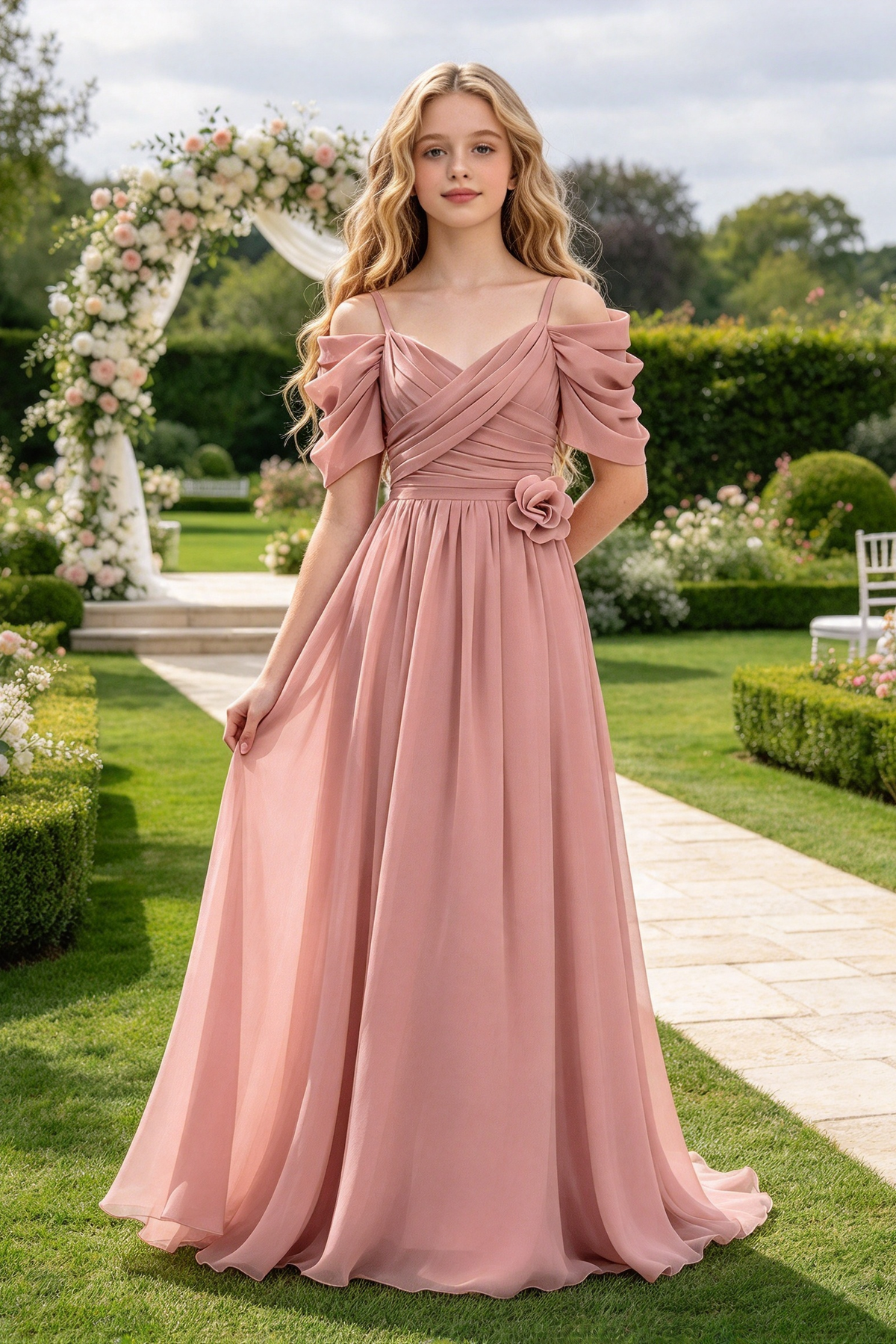 Pink Chiffon Off Shoulder 3D Floral Girls A-Line Dress
