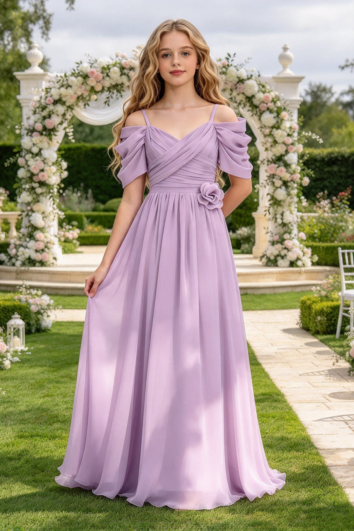 Pink Chiffon Off Shoulder 3D Floral Girls A-Line Dress
