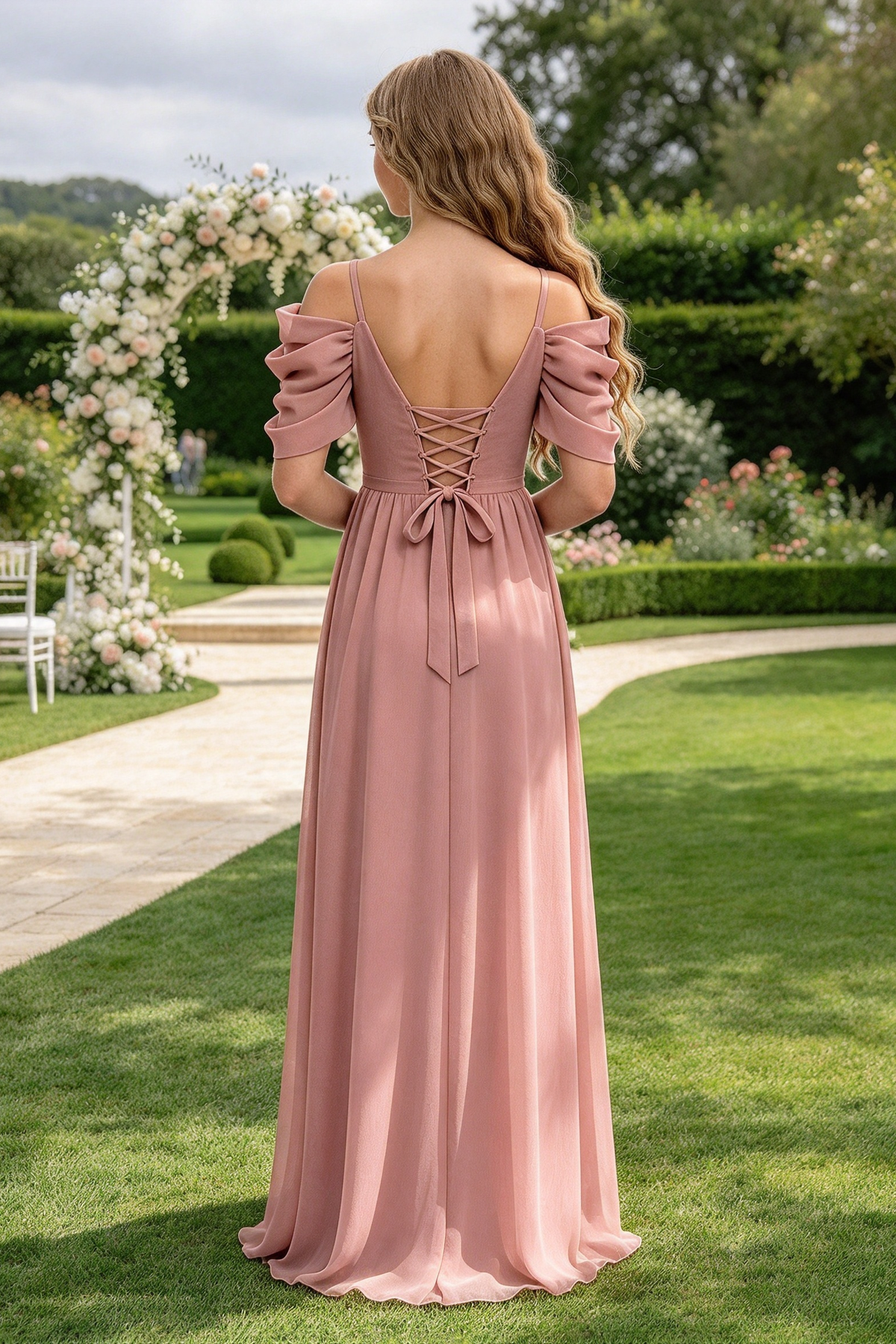 Pink Chiffon Off Shoulder 3D Floral Girls A-Line Dress