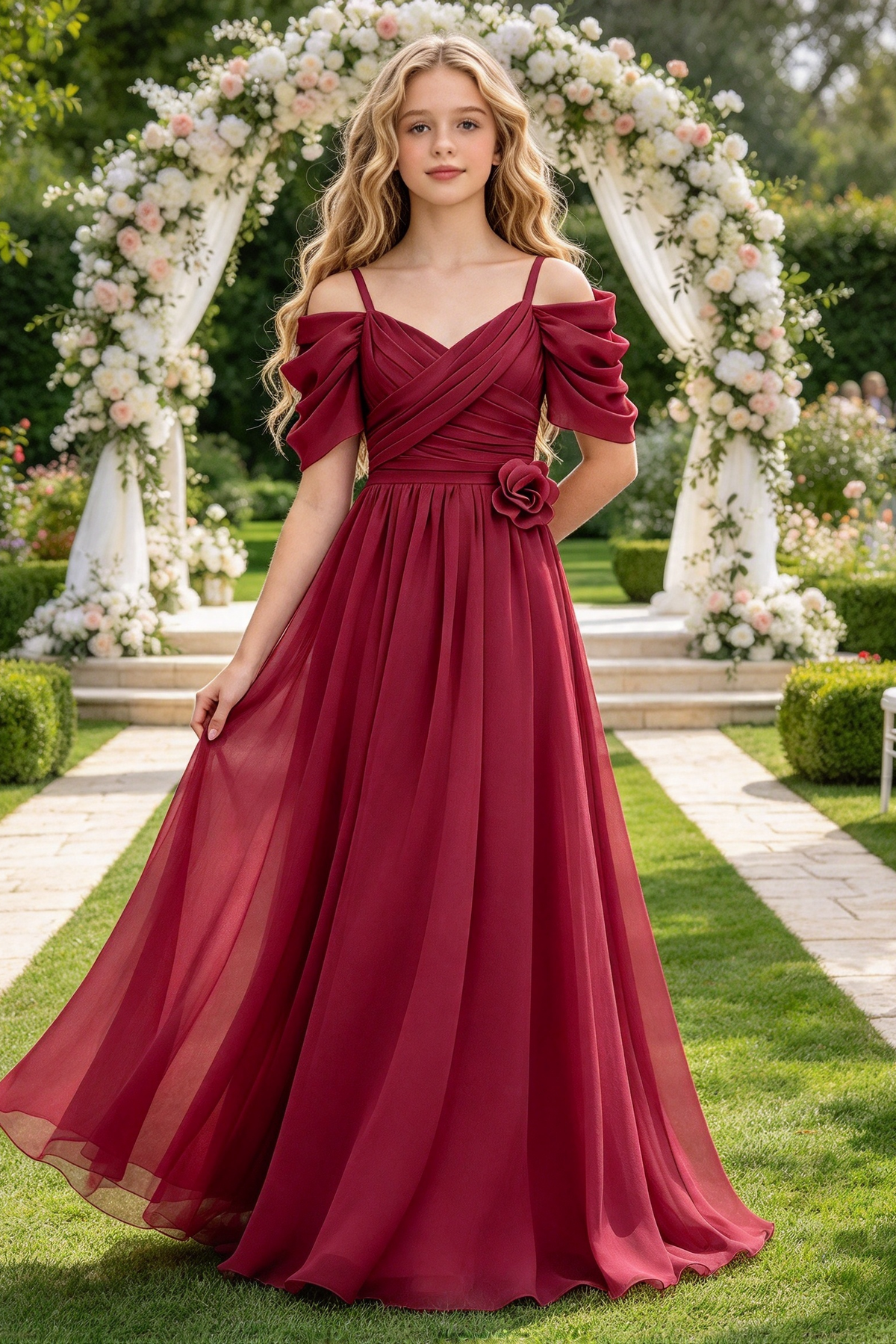 Pink Chiffon Off Shoulder 3D Floral Girls A-Line Dress