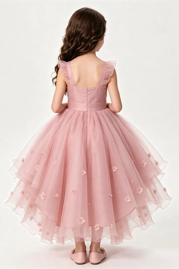 Pink Organza Girls High Low 3D Floral Bow A-Line Dress