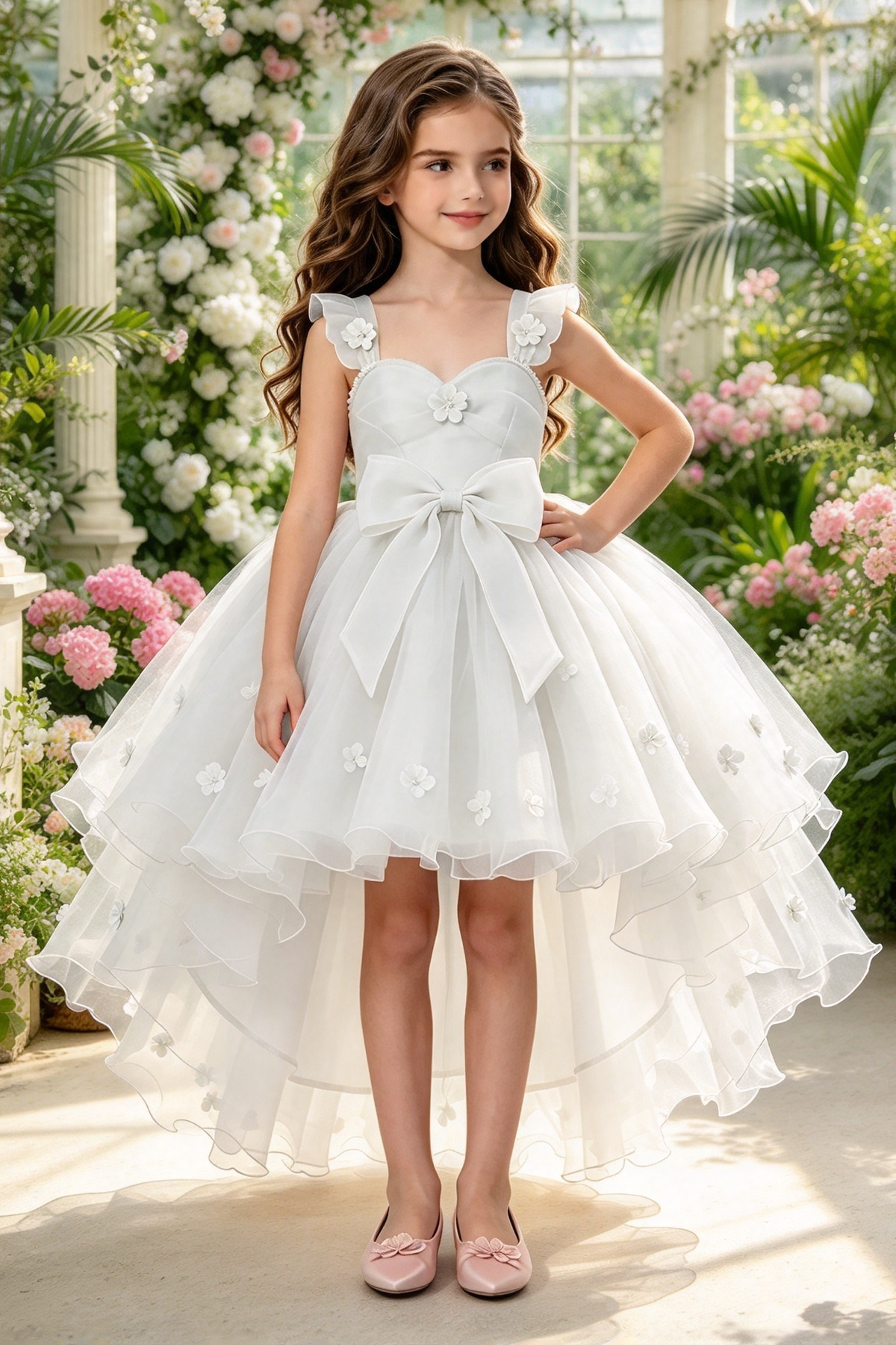 Pink Organza Girls High Low 3D Floral Bow A-Line Dress