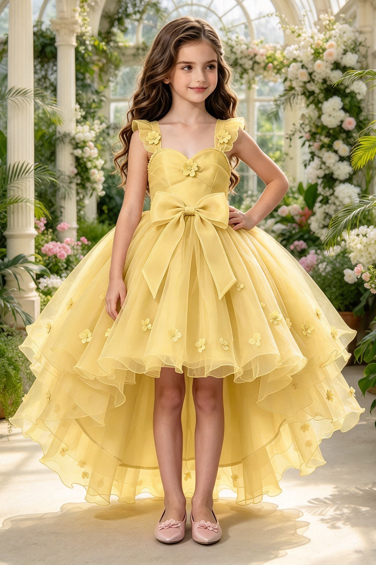 Pink Organza Girls High Low 3D Floral Bow A-Line Dress
