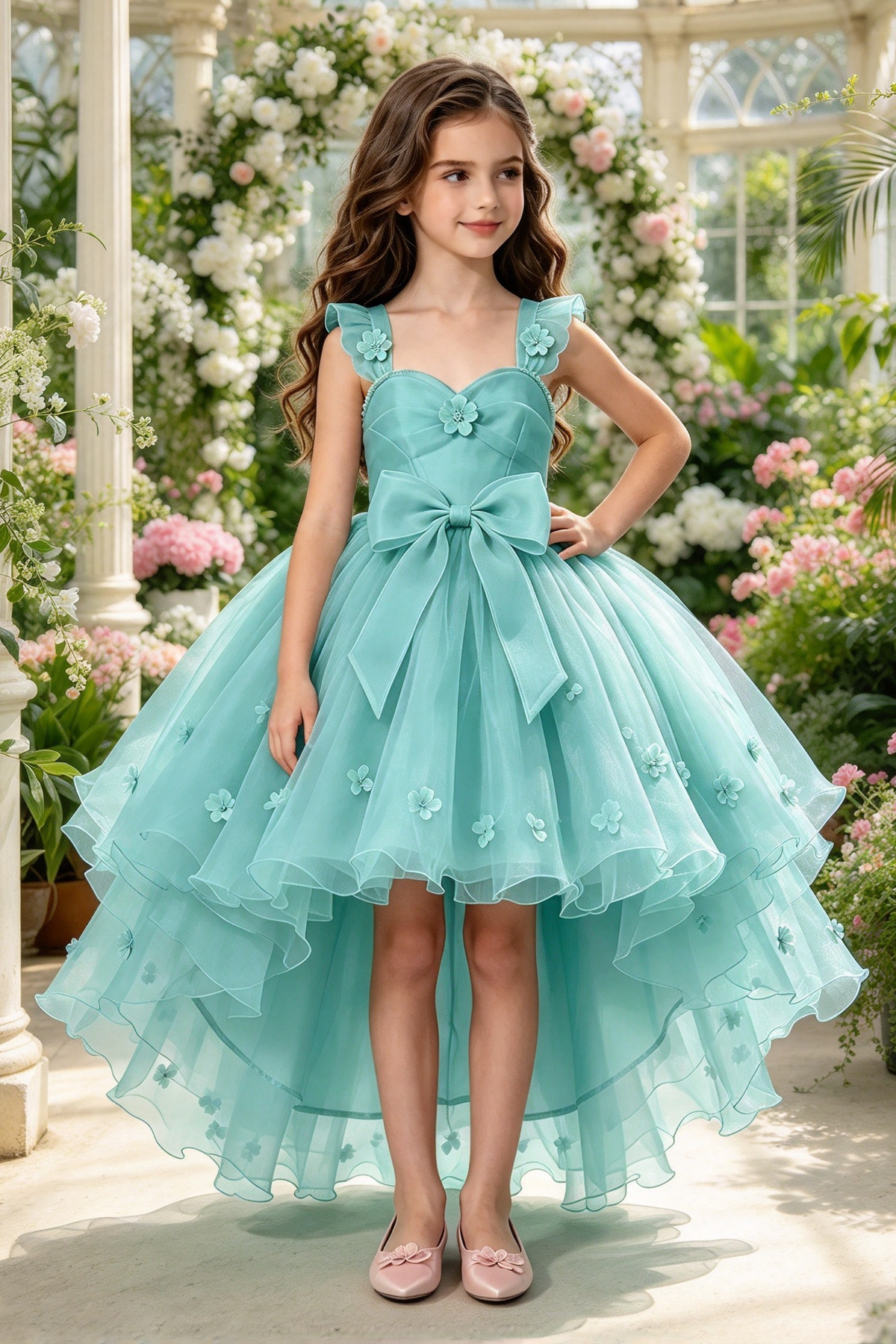Pink Organza Girls High Low 3D Floral Bow A-Line Dress