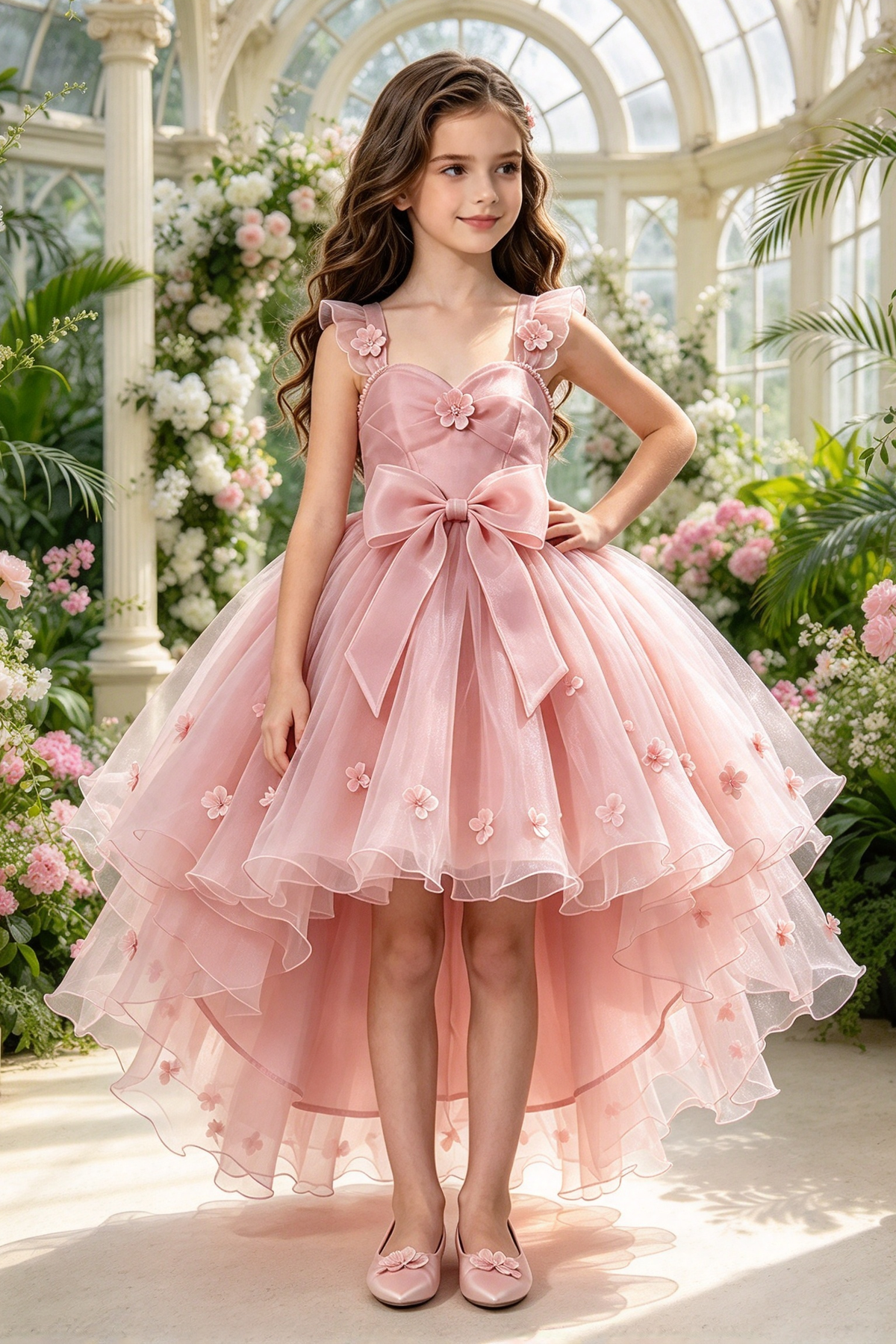 Pink Organza Girls High Low 3D Floral Bow A-Line Dress