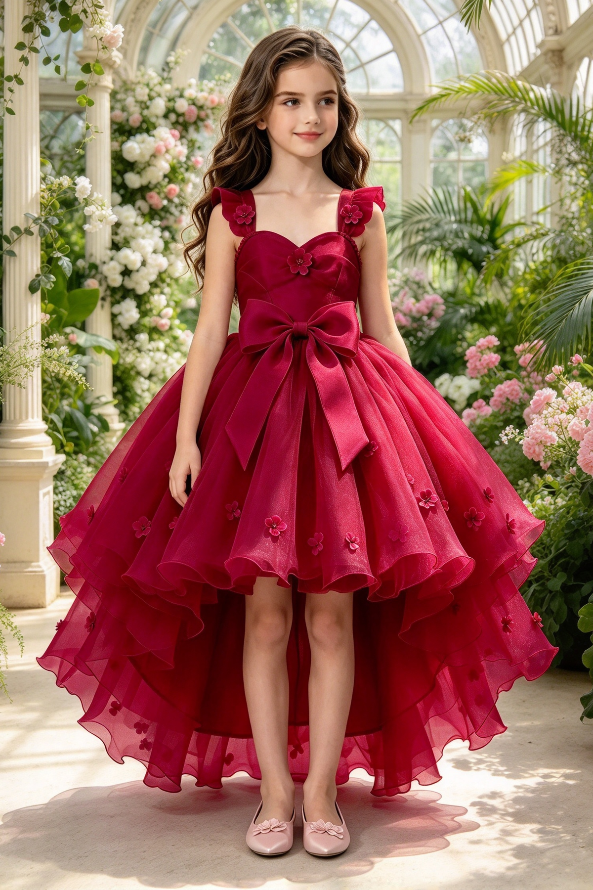 Pink Organza Girls High Low 3D Floral Bow A-Line Dress