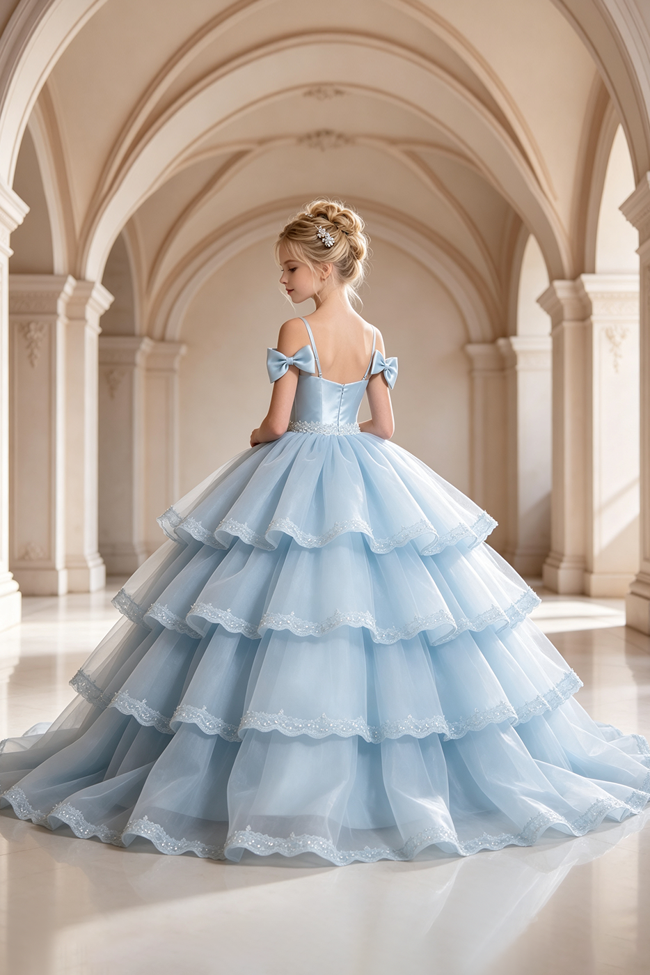 Light Blue Satin Organza Bow Lace Girls Cake  A-Line Dress