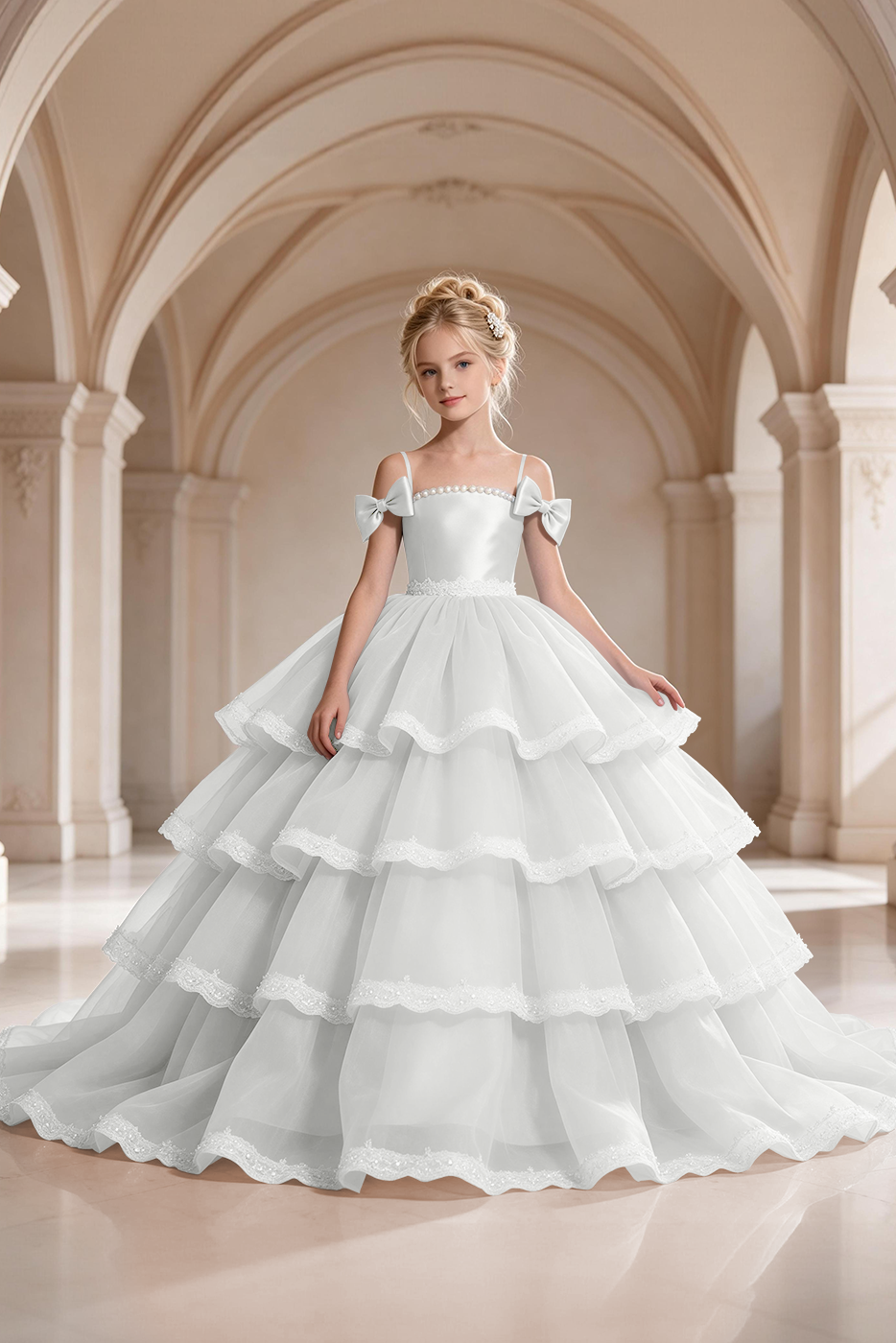 Light Blue Satin Organza Bow Lace Girls Cake  A-Line Dress