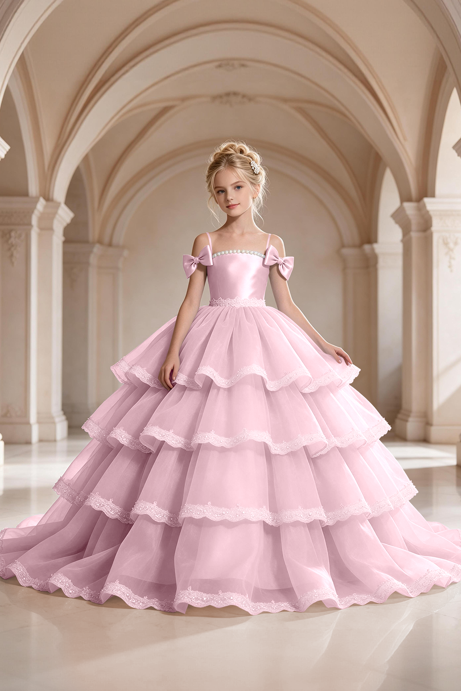 Light Blue Satin Organza Bow Lace Girls Cake  A-Line Dress